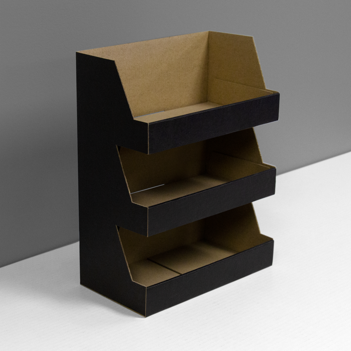 Cardboard counter display with 3 shelves - black