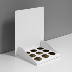 Présentoir de carton avec 9 ronds découpés pour produit rond ou bouteille, avec en-tête - blanc