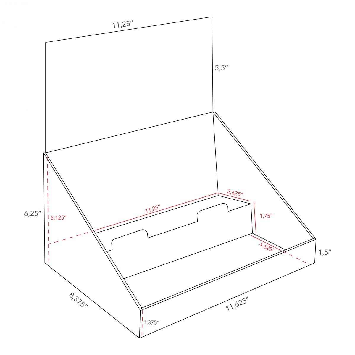 Cardboard counter display with 2 levels/shelves with header - dimensions