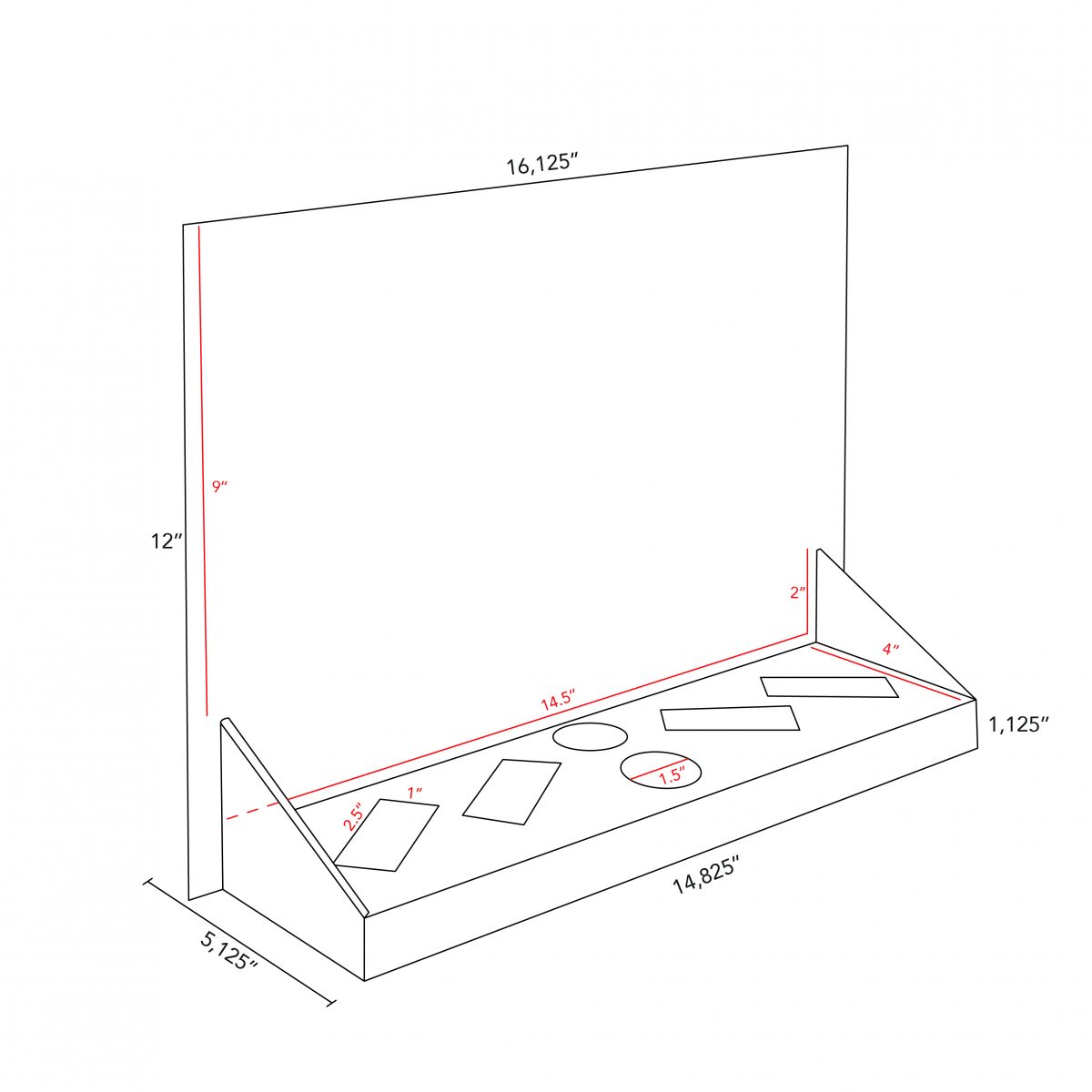 Cardboard counter display with header and 6 cuts to insert products (4 rectangles and 2 circles) - dimensions