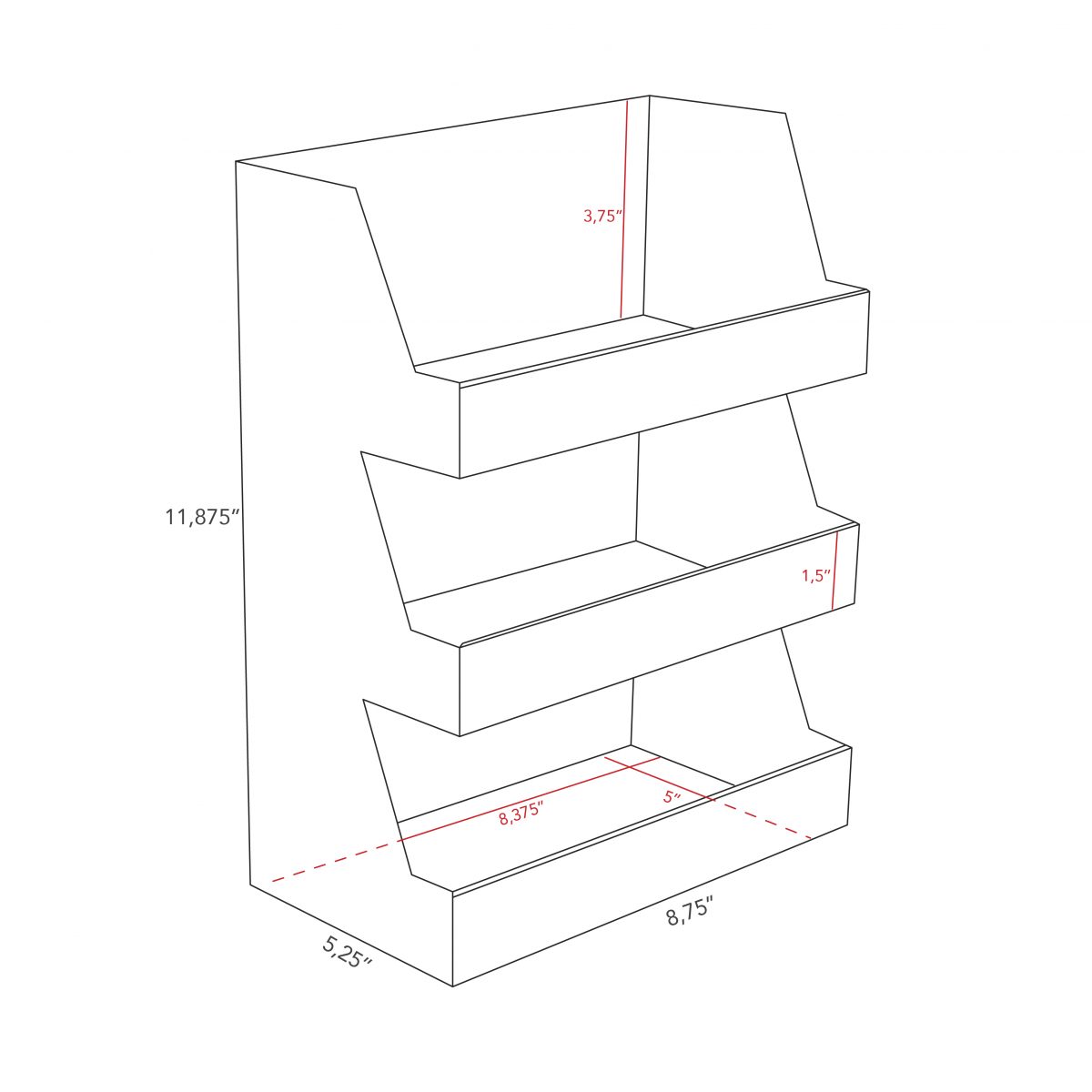 Cardboard counter display with 3 shelves - Dimensions