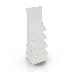 Présentoir de plancher en carton avec en-tête et tablettes, avec butoir au plancher (version grande aussi disponible) - 3d