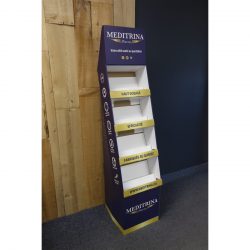 Présentoir de plancher en carton avec en-tête et 4 tablettes, déposé sur une base - imprimé