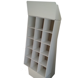 Cardboard floor display with header and 4 shelves with 2 separators, placed on a shelf - white