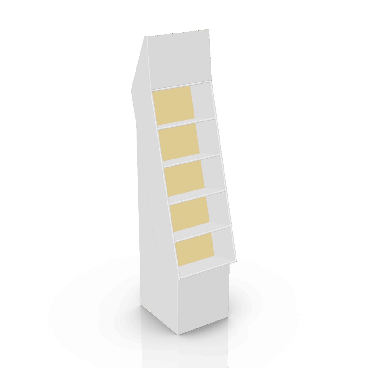 Présentoir de plancher en carton avec en-tête et 5 tablettes, déposé sur une base - 3d