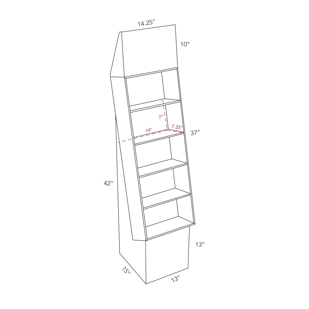 Présentoir de plancher en carton avec en-tête et 5 tablettes, déposé sur une base - dimensions