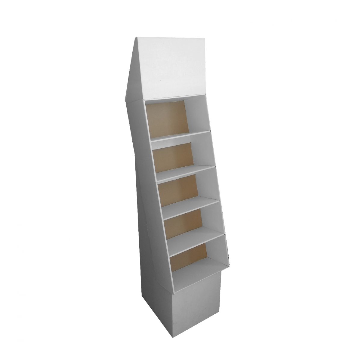 Présentoir de plancher en carton avec en-tête et 5 tablettes, déposé sur une base - blanc