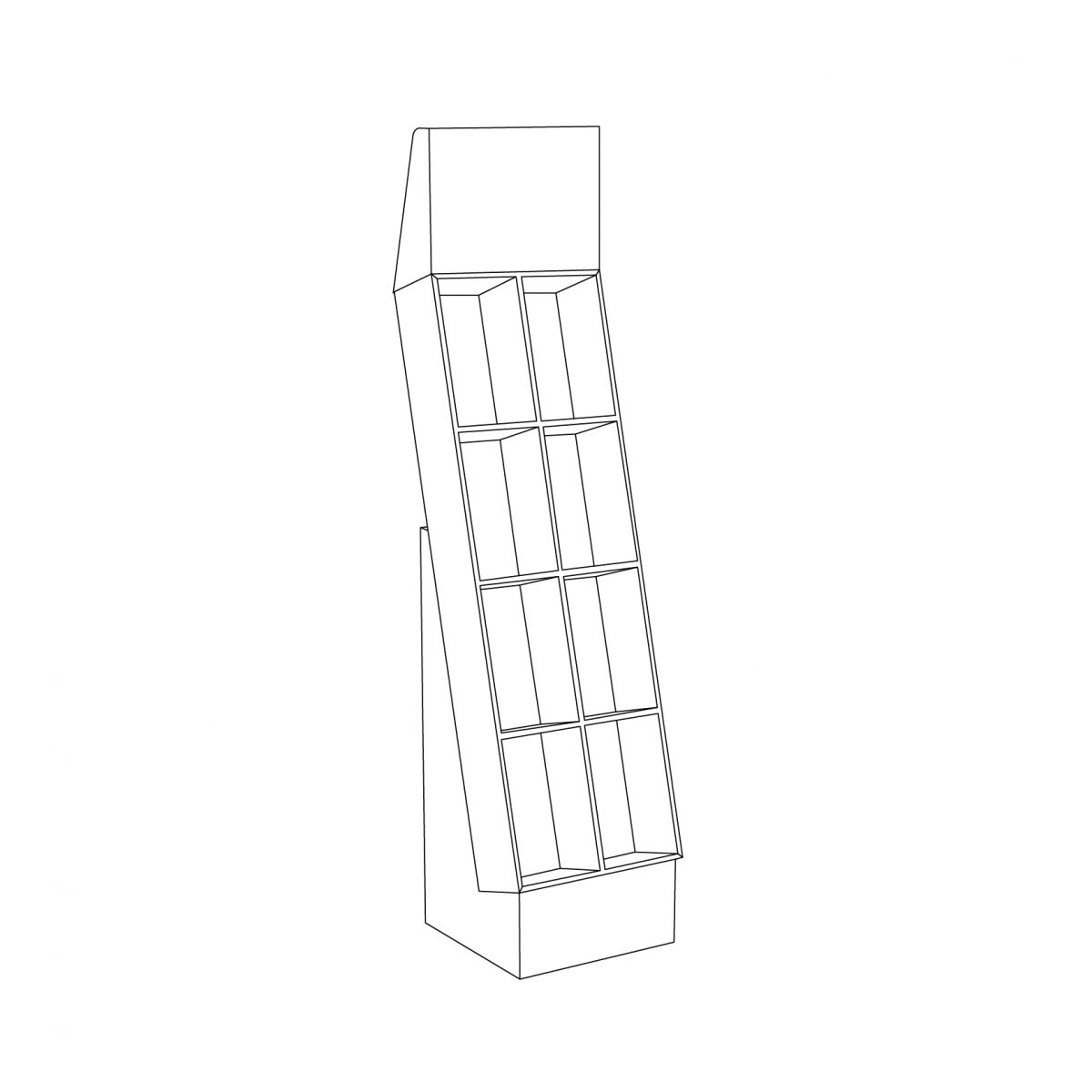 Présentoir de plancher en carton avec en-tête, 4 tablettes et 1 séparateur, déposé sur une base - tracé