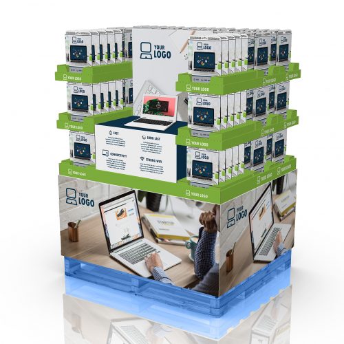 LAPTOP and other multimedia devices PALLET with header and printable demo holder, trays with voucher cards all around. Printable bottom.