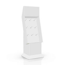 Présentoir de plancher avec en-tête et 9 crochets/pegs, déposé sur une base et dans un butoir - 3d