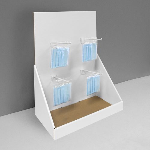Cardboard counter display with 4 pegs/hooks for face masks - covid-19 face mask - white