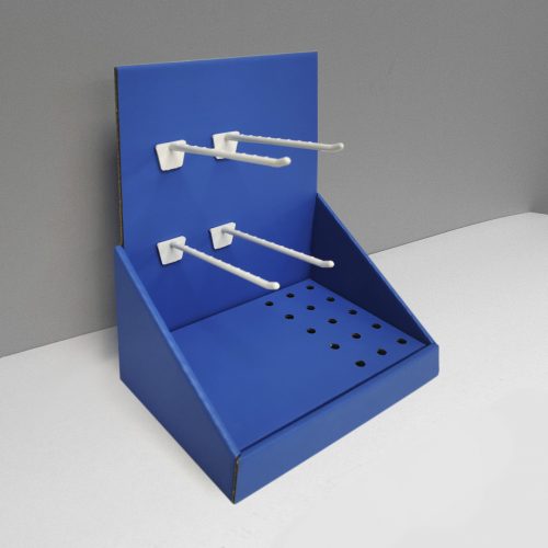 Cardboard counter display with 4 pegs and small round inserts- blue