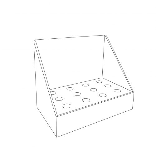 Présentoir de comptoir en carton personnalisé avec insertions rondes pour retenir produit de forme cylindrique - tracé