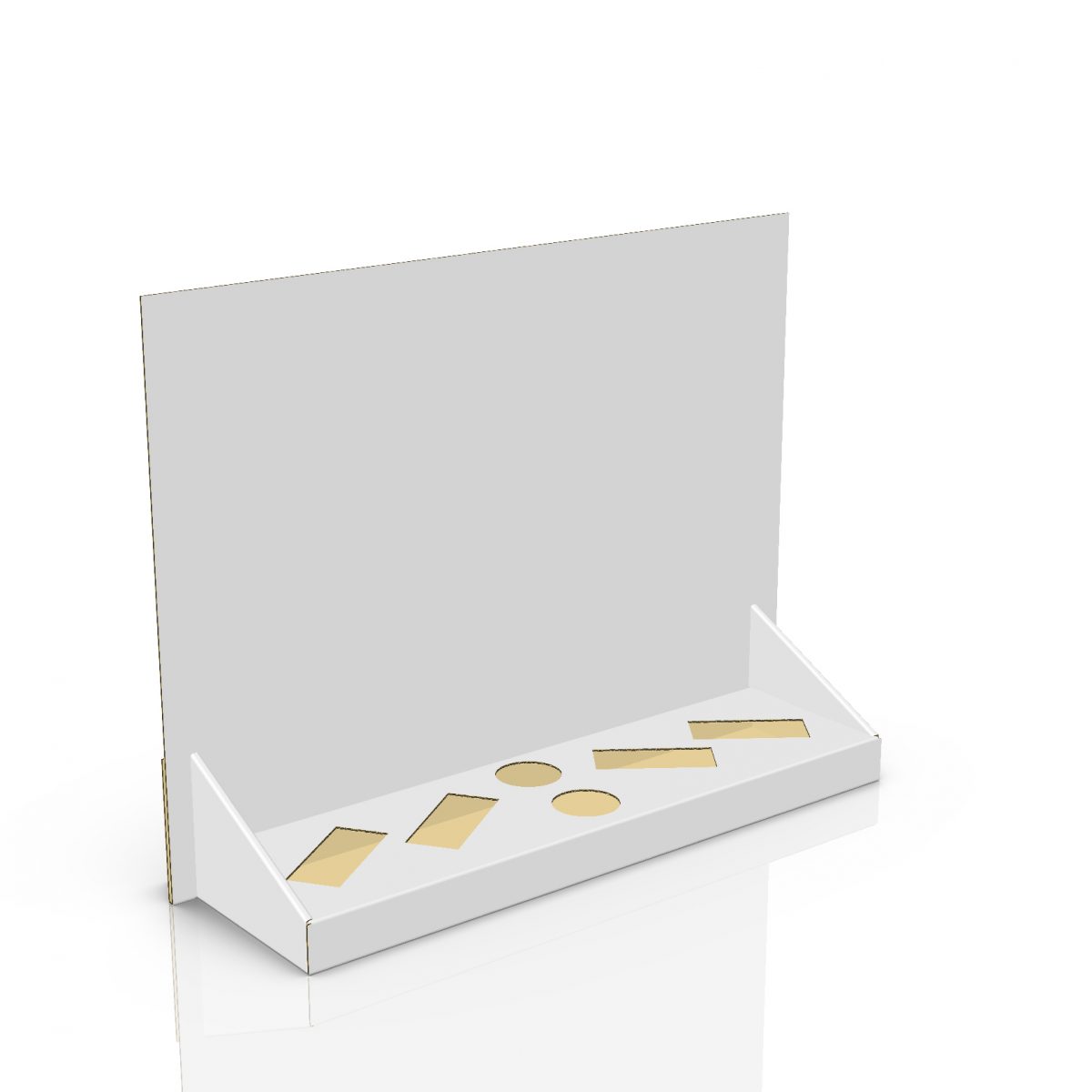 Cardboard counter display with header and 6 cuts to insert products (4 rectangles and 2 circles) - 3d