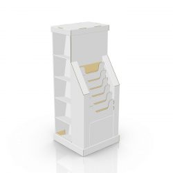 Présentoir de carton avec en-tête et 5 tablettes sur le côté, 6 filières à l'avant, avec couvert et butoir - 3d