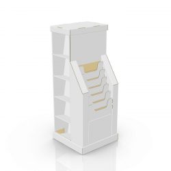 3D image of Cardboard floor display with 5 shelves on the side and 6 file folders on the front