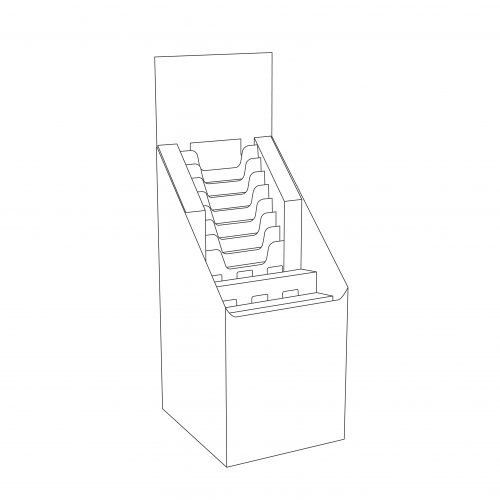 Outline of Cardboard floor display with multiple file holders, a header and 2 shelves, size of a quarter pallet
