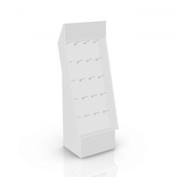 Présentoir de plancher en carton avec crochets/pegs sur toute la façade, placé sur une base - 3d