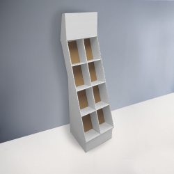 Cardboard floor display with header and 4 shelves / 8 slots, placed on a base, for bottles and heavy products - white