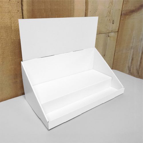 Cardboard counter display with header and 2 steps/shelves - white