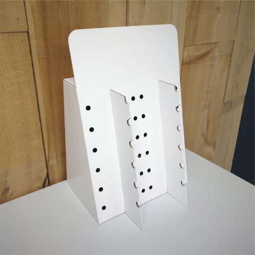 Custom Cardboard display with inserts to hang glasses. 2 columns of 6 glasses each - white