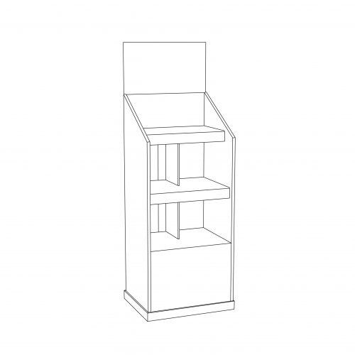 Reinforced custom Cardboard floor display with header and 3 shelves with a separator in the middle. Can hold bottles and heavy objects - outline