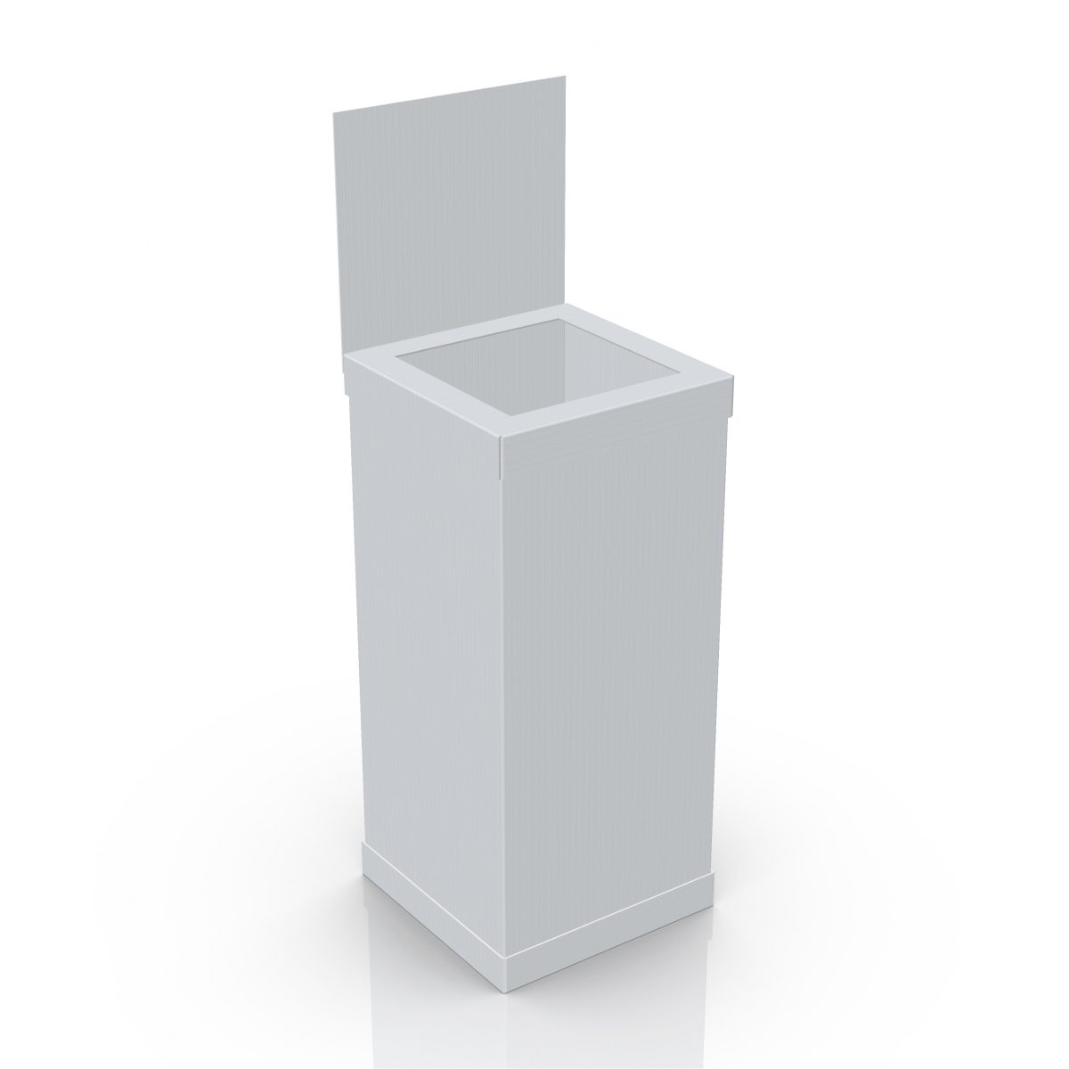 Custom coroplast dumpbin with header and a hole at the top, placed on a kicker - 3D