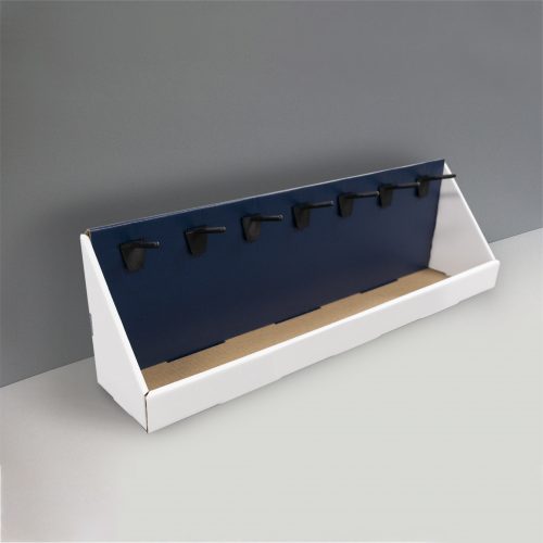 Custom rectangular cardboard display, with 7 pegs/hooks horizontally distributed on the back - picture