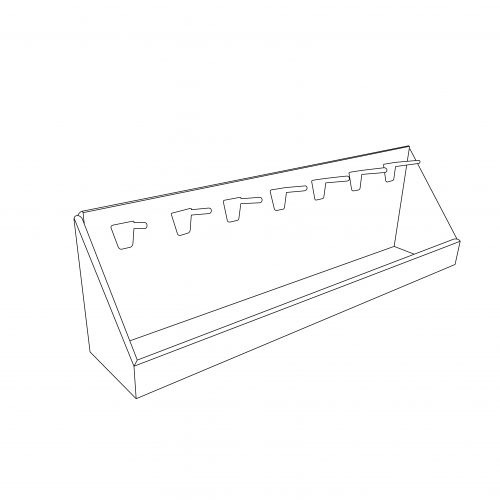 Présentoir de comptoir personnalisé de forme rectangulaire, avec 7 crochets/pegs distribués horizontalement au dos  - tracé
