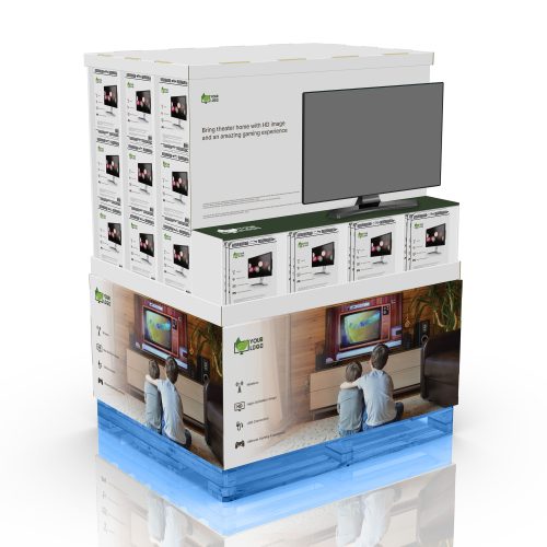 Pallet for tv or other multimedia with pegs/hooks and header tray. A demo sample can be placed on the pallet. Voucher cards pallet. For TV, drone, tablet, camera, computer and more.